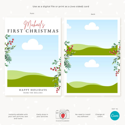Editable Baby’s First Christmas Photo Card Template, Custom Baby Christmas Card, Personalized Newborn Holiday Greeting, Printable Card