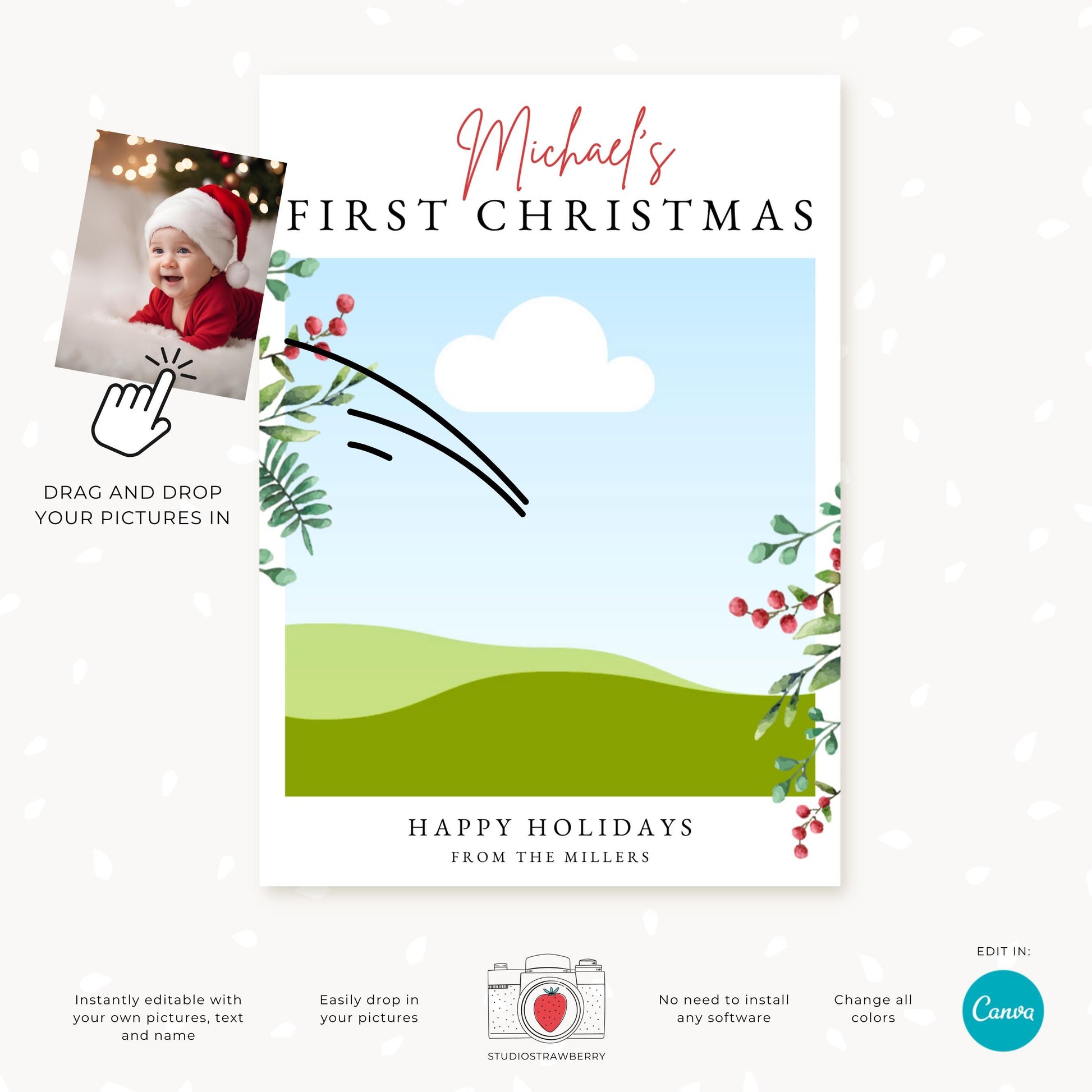 Editable Baby’s First Christmas Photo Card Template, Custom Baby Christmas Card, Personalized Newborn Holiday Greeting, Printable Card