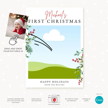 Editable Baby’s First Christmas Photo Card Template, Custom Baby Christmas Card, Personalized Newborn Holiday Greeting, Printable Card