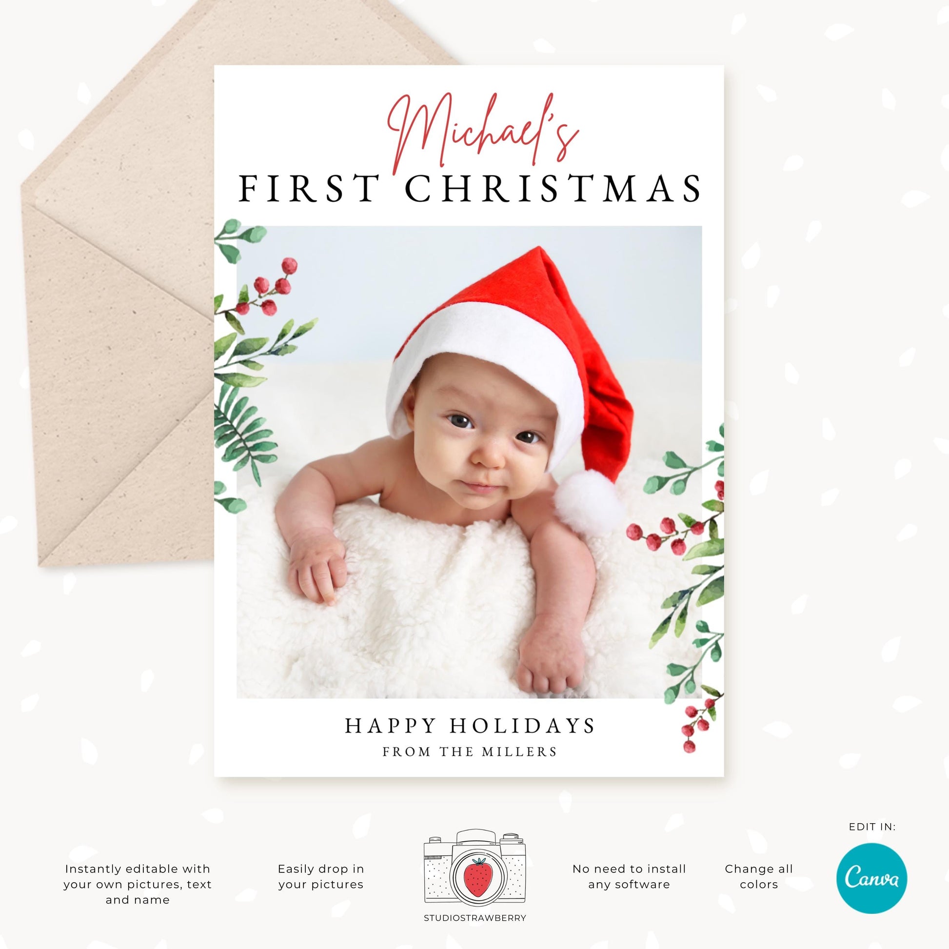 Editable Baby’s First Christmas Photo Card Template, Custom Baby Christmas Card, Personalized Newborn Holiday Greeting, Printable Card