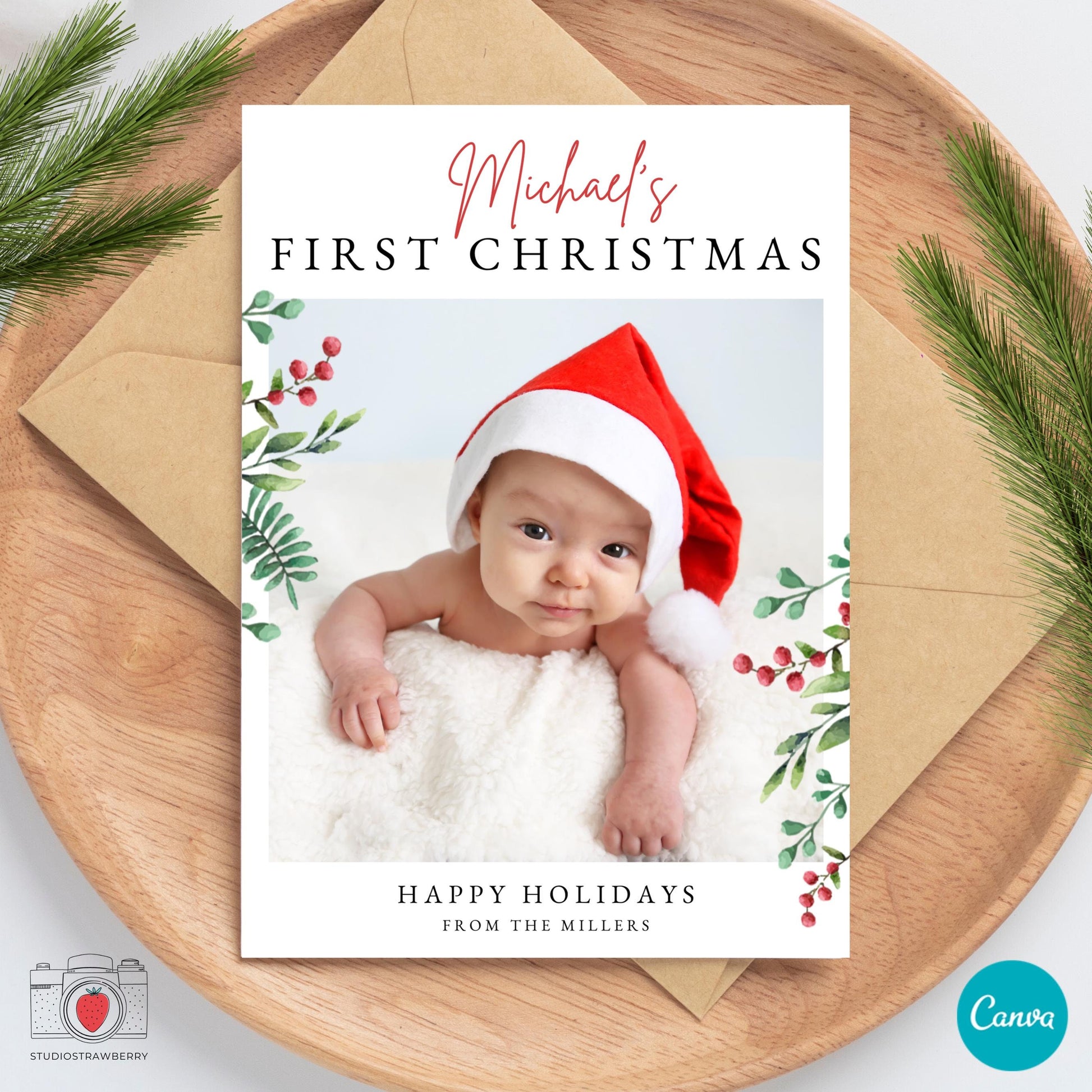 Editable Baby’s First Christmas Photo Card Template, Custom Baby Christmas Card, Personalized Newborn Holiday Greeting, Printable Card