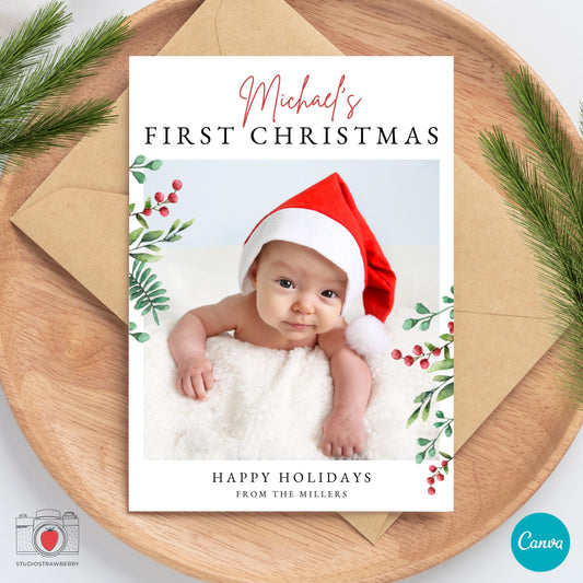 Editable Baby’s First Christmas Photo Card Template, Custom Baby Christmas Card, Personalized Newborn Holiday Greeting, Printable Card
