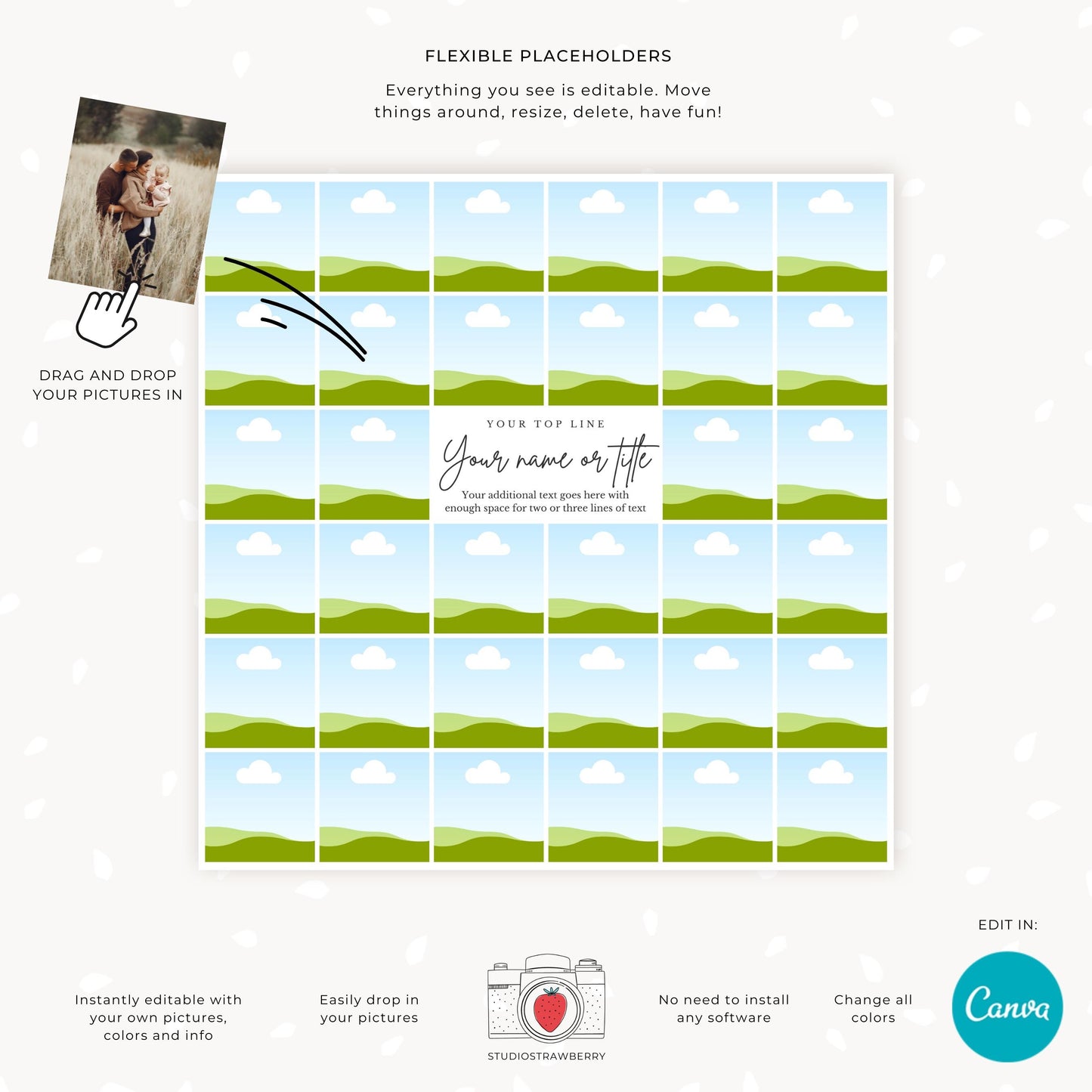 Square Photo Collage Template for Weddings, Funerals, Celebrations of Life, Family, Printable Canva Photo Display with Square Thumbnails