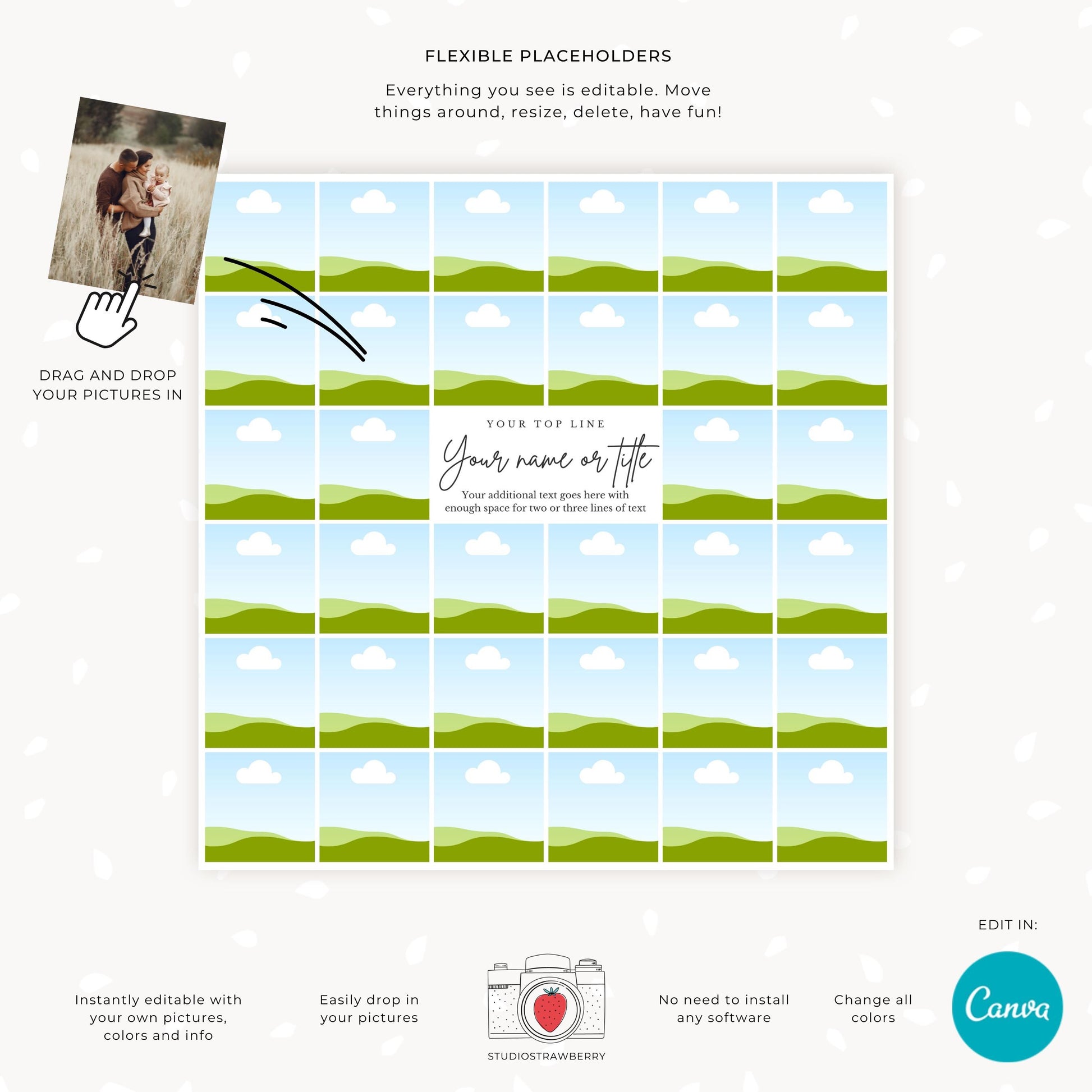 Square Photo Collage Template for Weddings, Funerals, Celebrations of Life, Family, Printable Canva Photo Display with Square Thumbnails