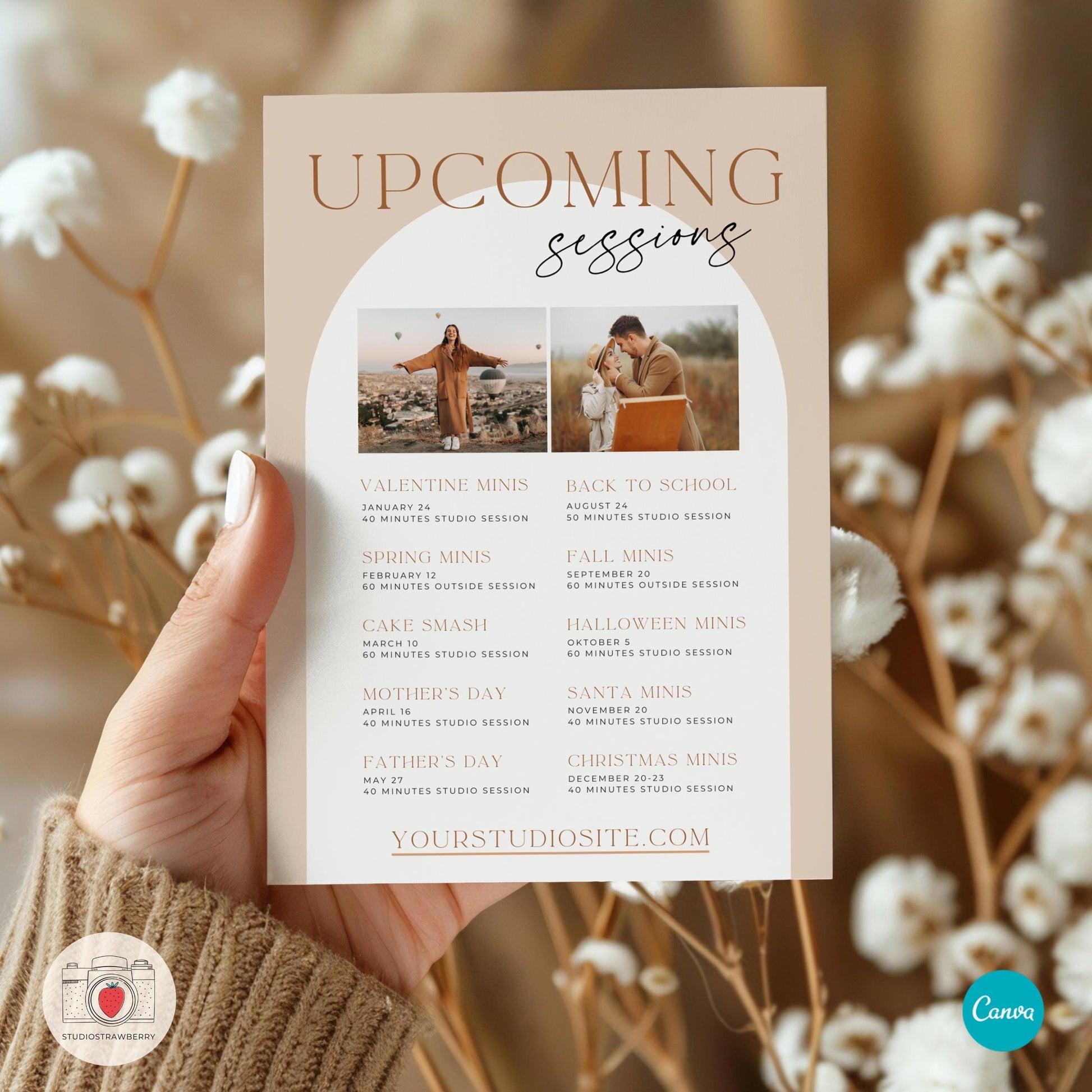 Upcoming Photography Sessions Template - Mini Session Schedule Card for Photographers | Editable Canva Template