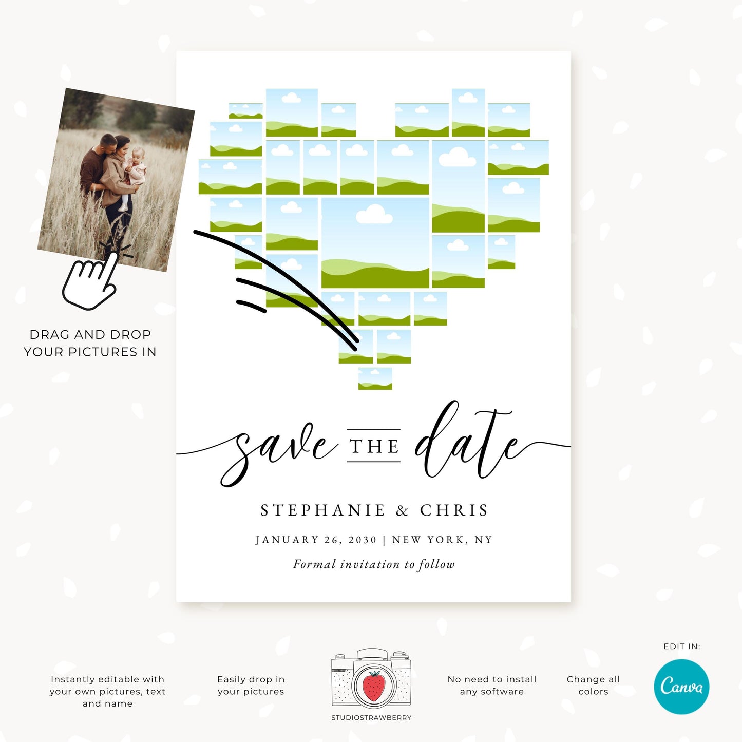 Editable Heart Photo Collage Save the Date Template, Custom Wedding Invitation Canva, Personalized Mosaic Photo Card for Weddings