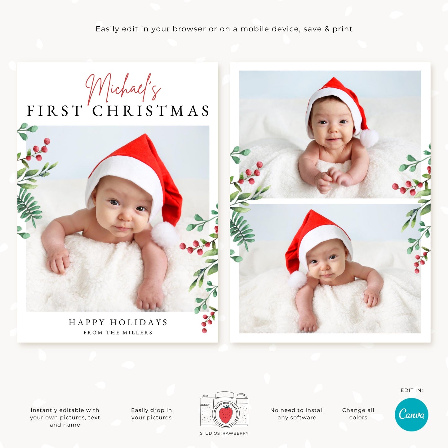 Editable Baby’s First Christmas Photo Card Template, Custom Baby Christmas Card, Personalized Newborn Holiday Greeting, Printable Card