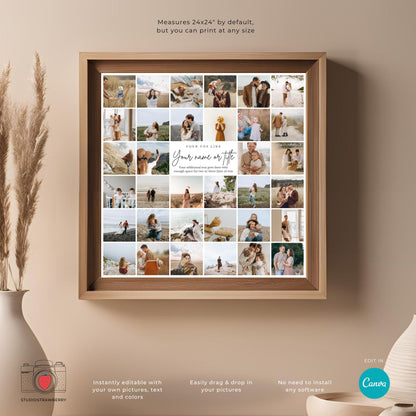 Square Photo Collage Template for Weddings, Funerals, Celebrations of Life, Family, Printable Canva Photo Display with Square Thumbnails