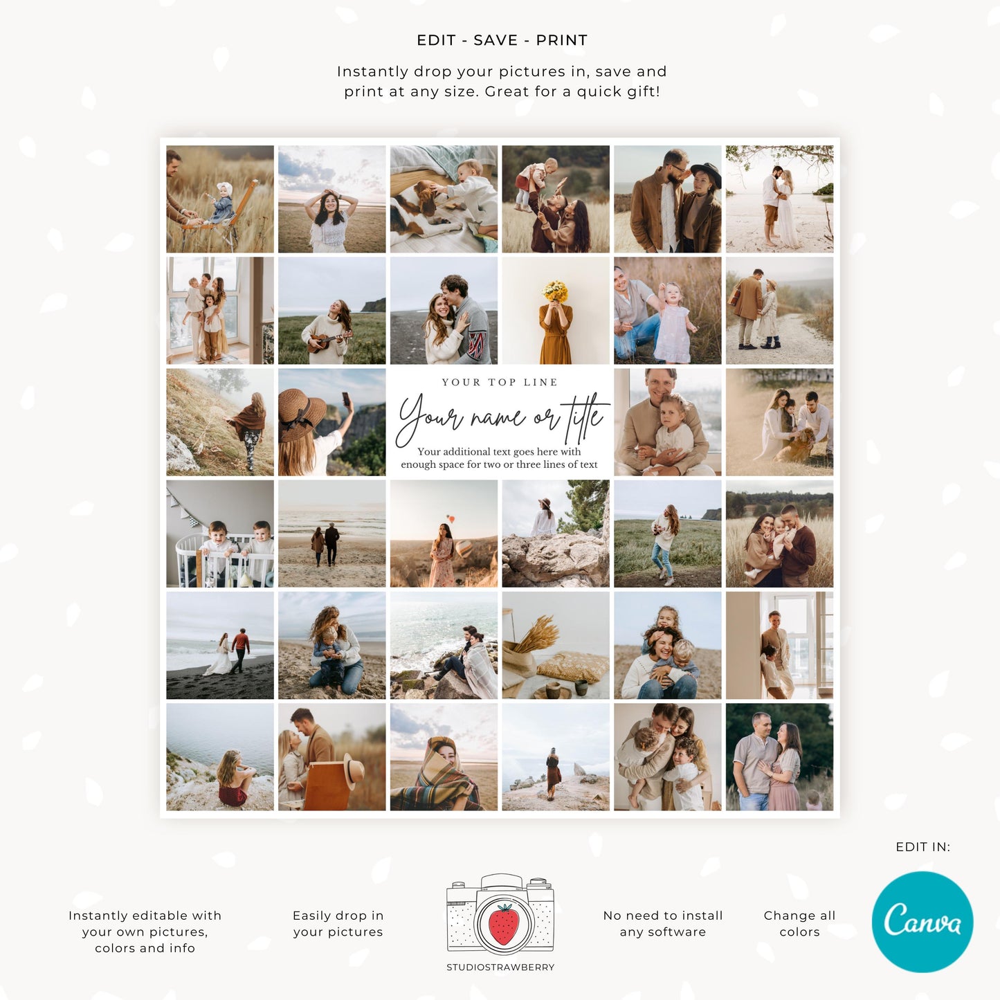 Square Photo Collage Template for Weddings, Funerals, Celebrations of Life, Family, Printable Canva Photo Display with Square Thumbnails