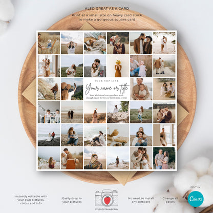 Square Photo Collage Template for Weddings, Funerals, Celebrations of Life, Family, Printable Canva Photo Display with Square Thumbnails