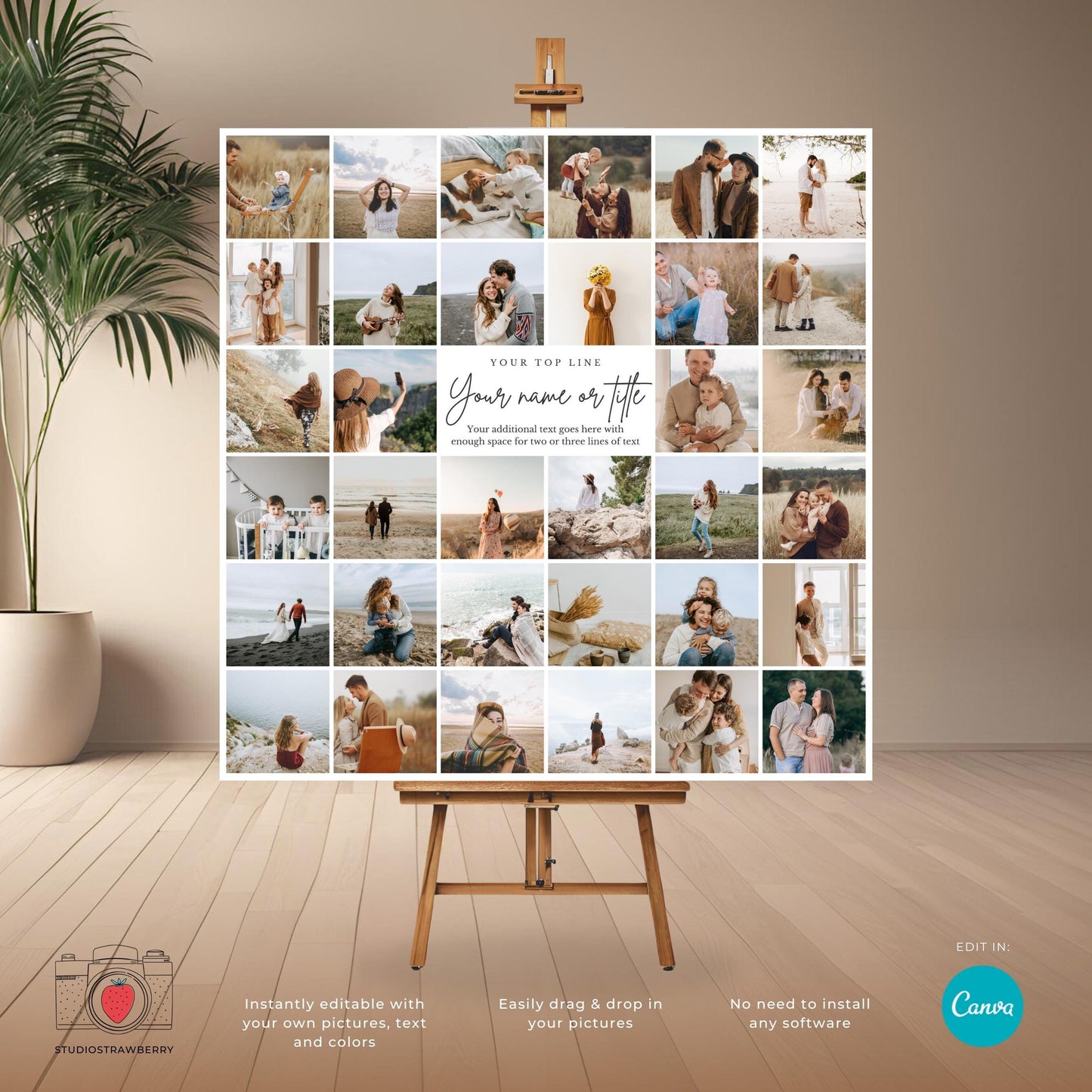 Square Photo Collage Template for Weddings, Funerals, Celebrations of Life, Family, Printable Canva Photo Display with Square Thumbnails