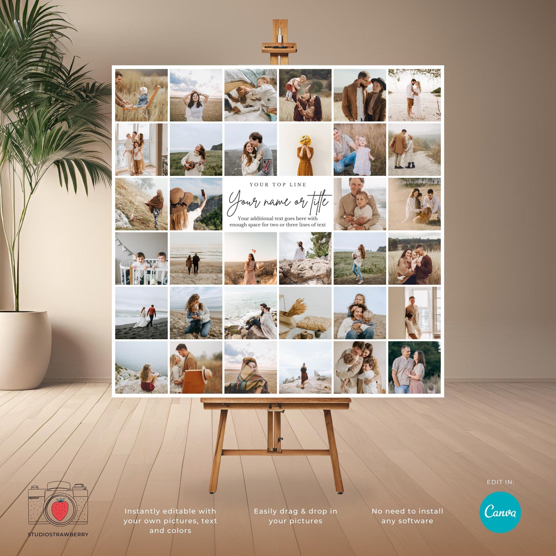 Square Photo Collage Template for Weddings, Funerals, Celebrations of Life, Family, Printable Canva Photo Display with Square Thumbnails