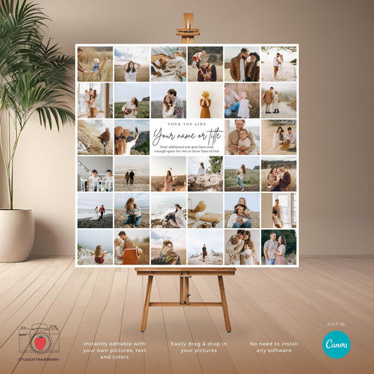 Square Photo Collage Template for Weddings, Funerals, Celebrations of Life, Family, Printable Canva Photo Display with Square Thumbnails