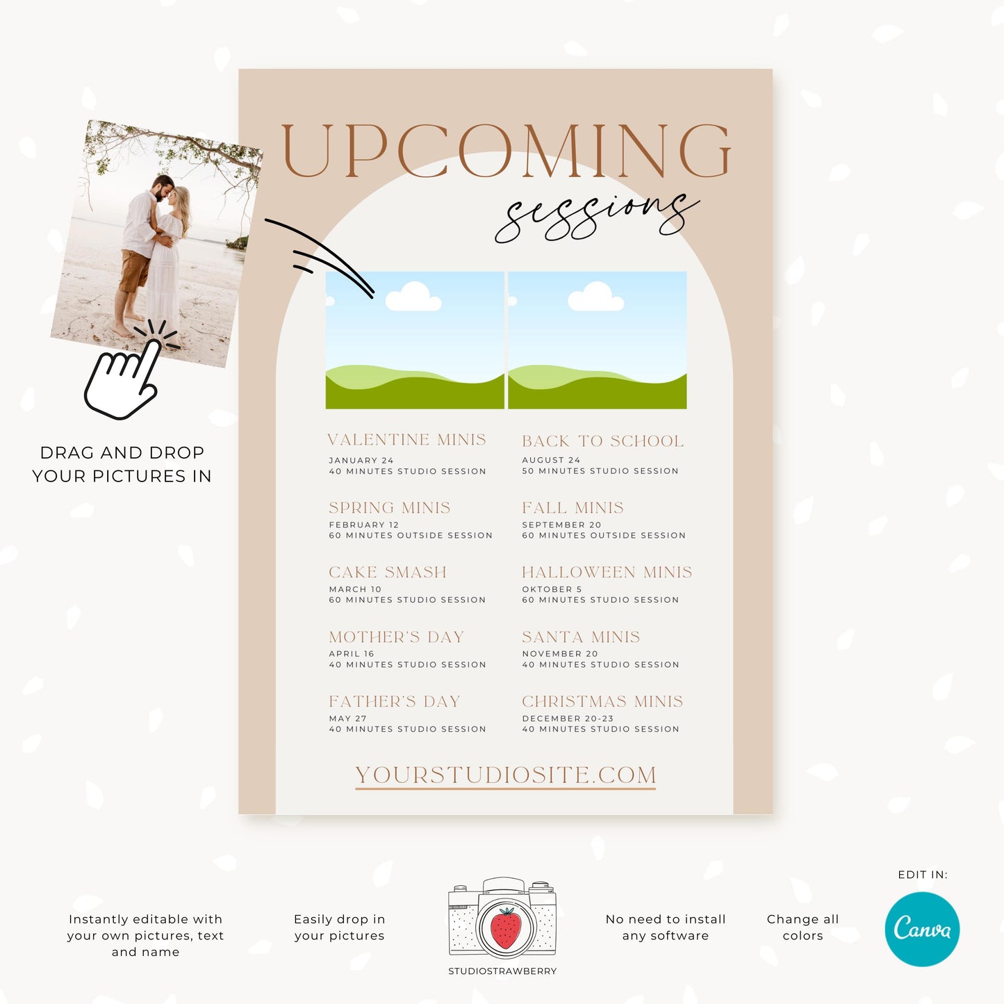 Upcoming Photography Sessions Template - Mini Session Schedule Card for Photographers | Editable Canva Template