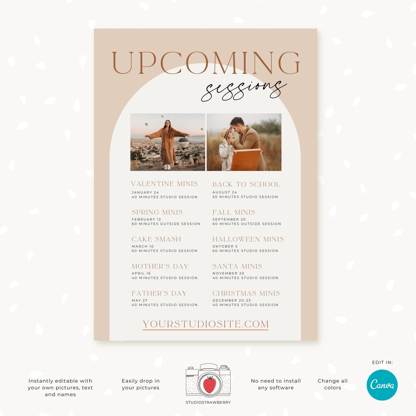 Upcoming Photography Sessions Template - Mini Session Schedule Card for Photographers | Editable Canva Template