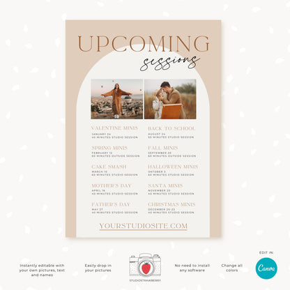 Upcoming Photography Sessions Template - Mini Session Schedule Card for Photographers | Editable Canva Template