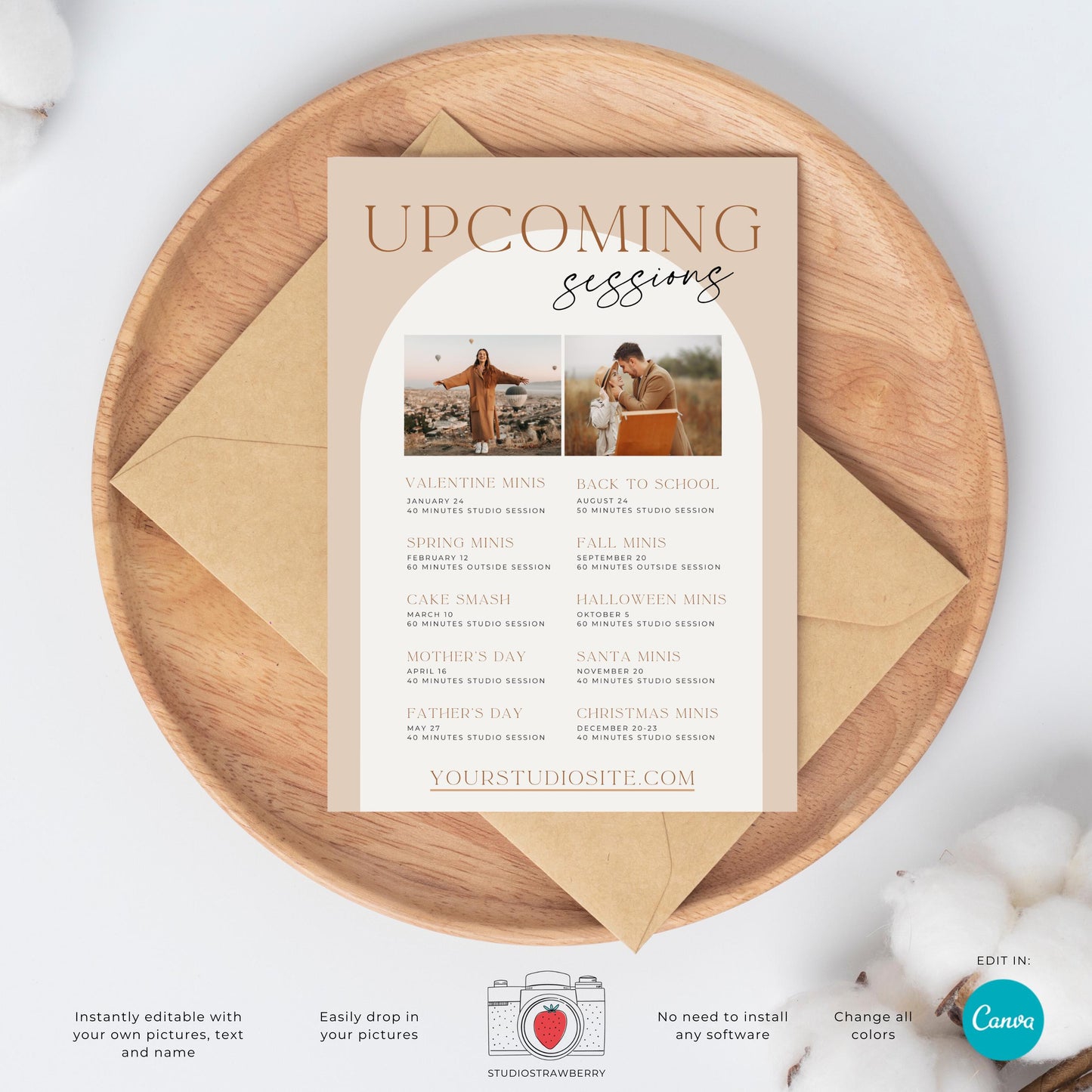 Upcoming Photography Sessions Template - Mini Session Schedule Card for Photographers | Editable Canva Template
