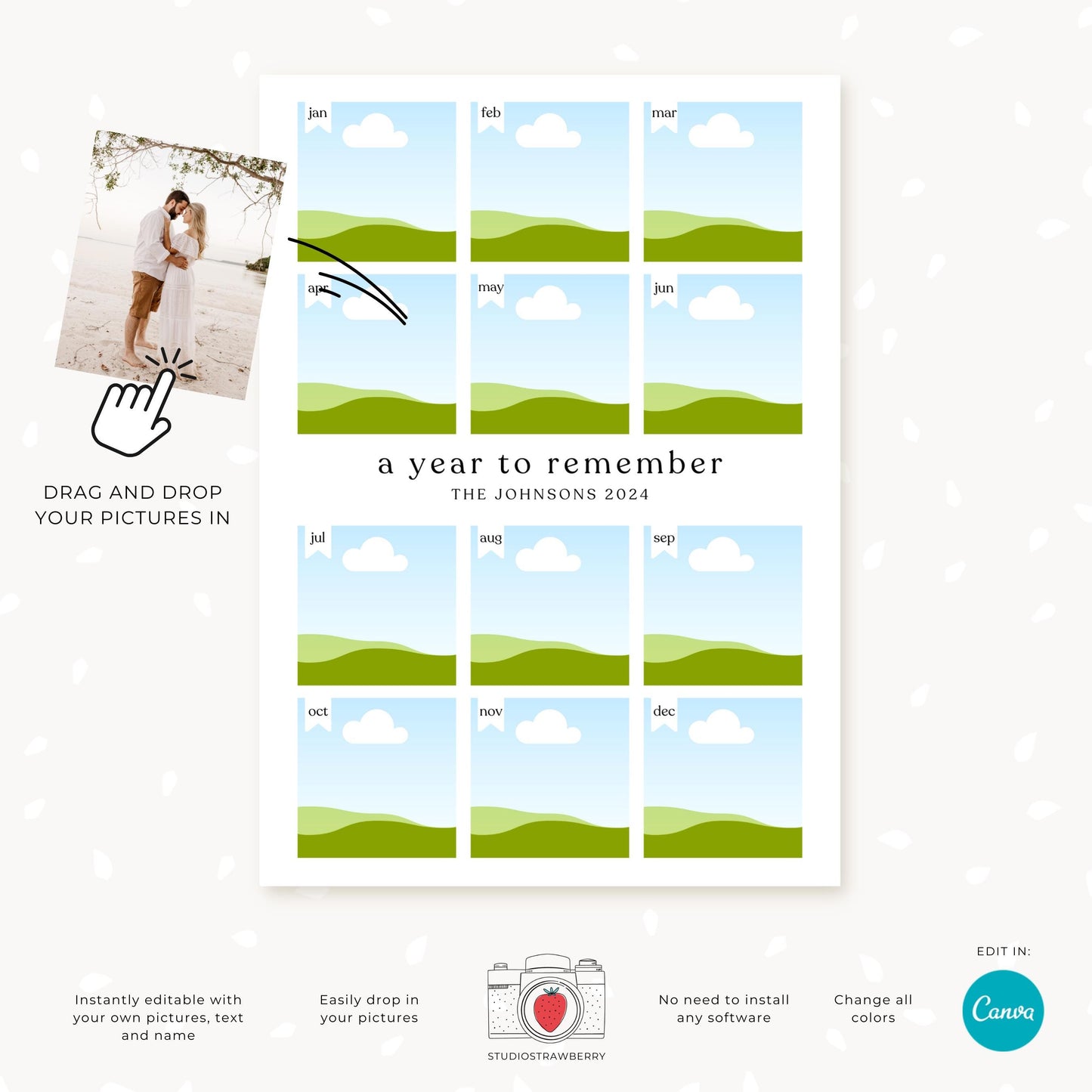 Minimalist monthly photo keepsake card displayed with placeholders for photos and editable text, ideal for holidays or year recaps.
