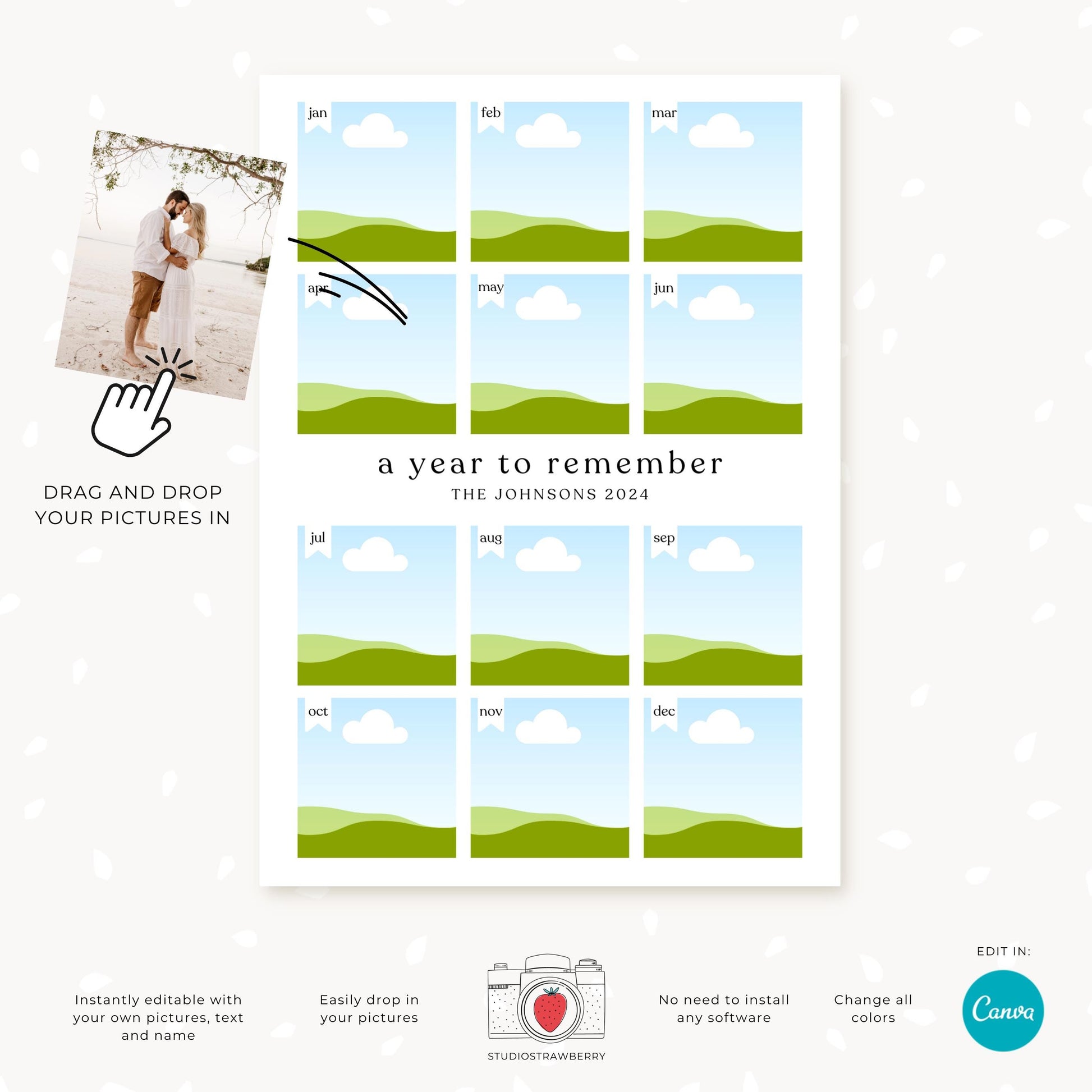 Minimalist monthly photo keepsake card displayed with placeholders for photos and editable text, ideal for holidays or year recaps.