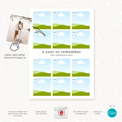 Minimalist monthly photo keepsake card displayed with placeholders for photos and editable text, ideal for holidays or year recaps.