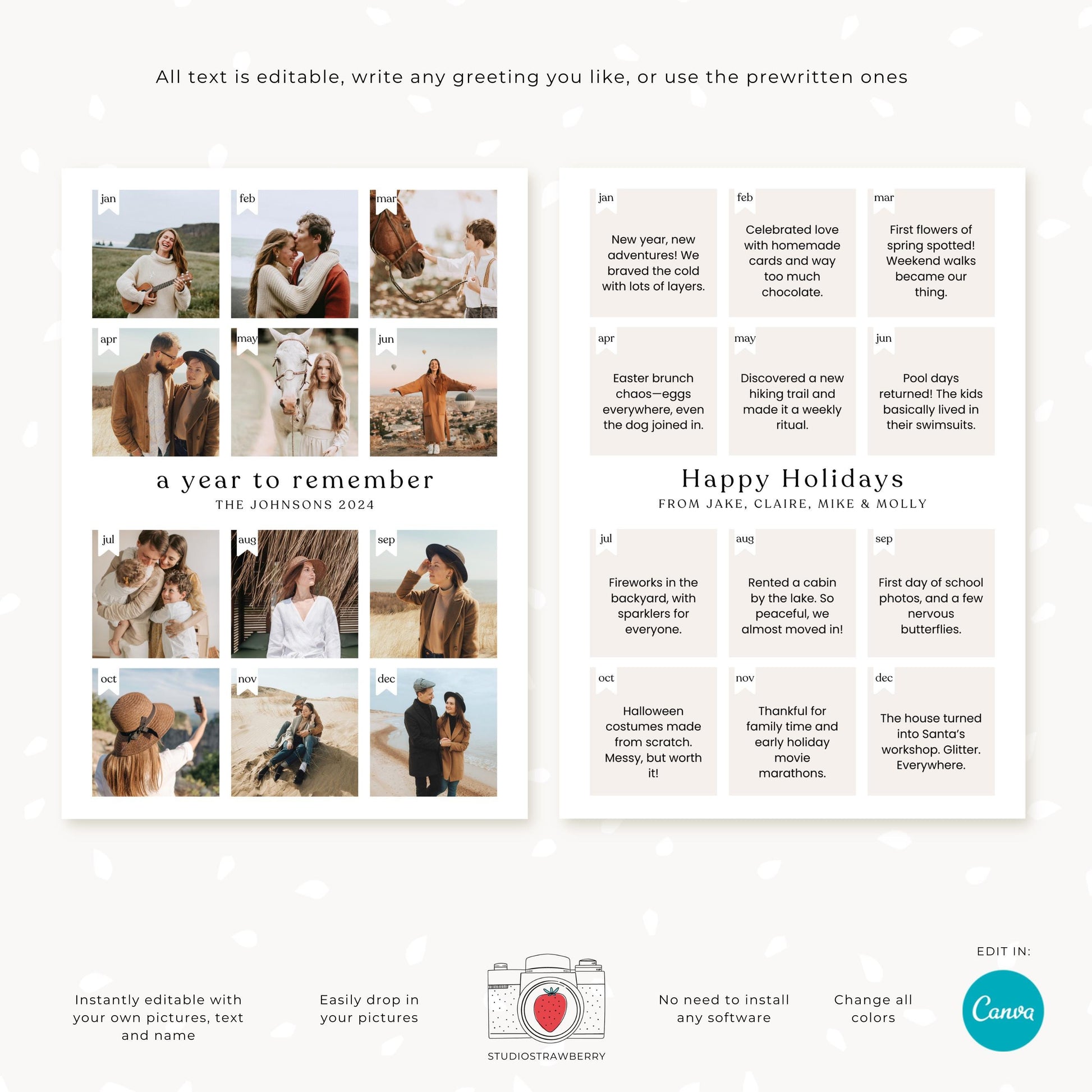 Canva year in review card template with editable text and room for 12 family photos, displayed on a holiday-themed backdrop.