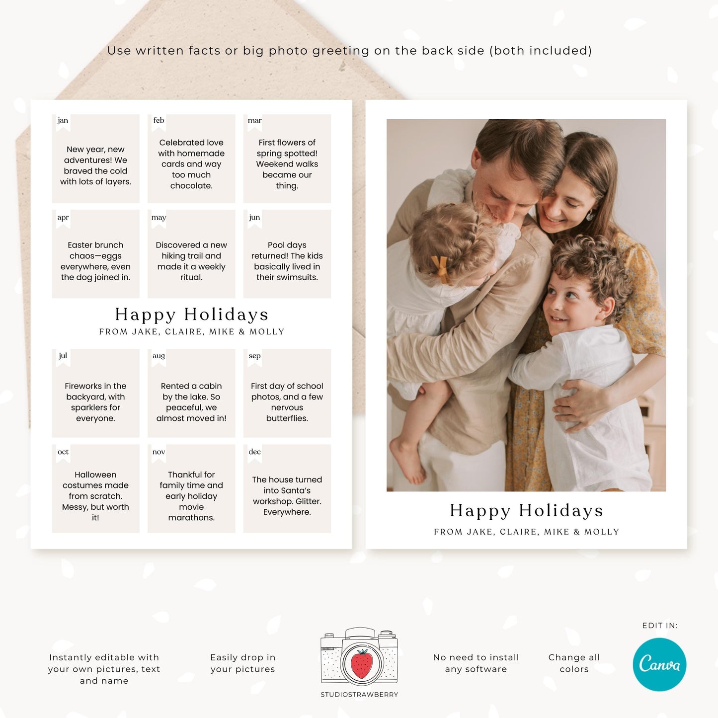 Editable photo collage card template displayed on an envelope, featuring customizable family highlights for each month of the year.