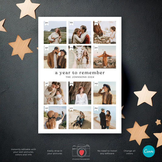 Minimalist year in review photo card template showcasing twelve photo placeholders with editable monthly labels and family text.