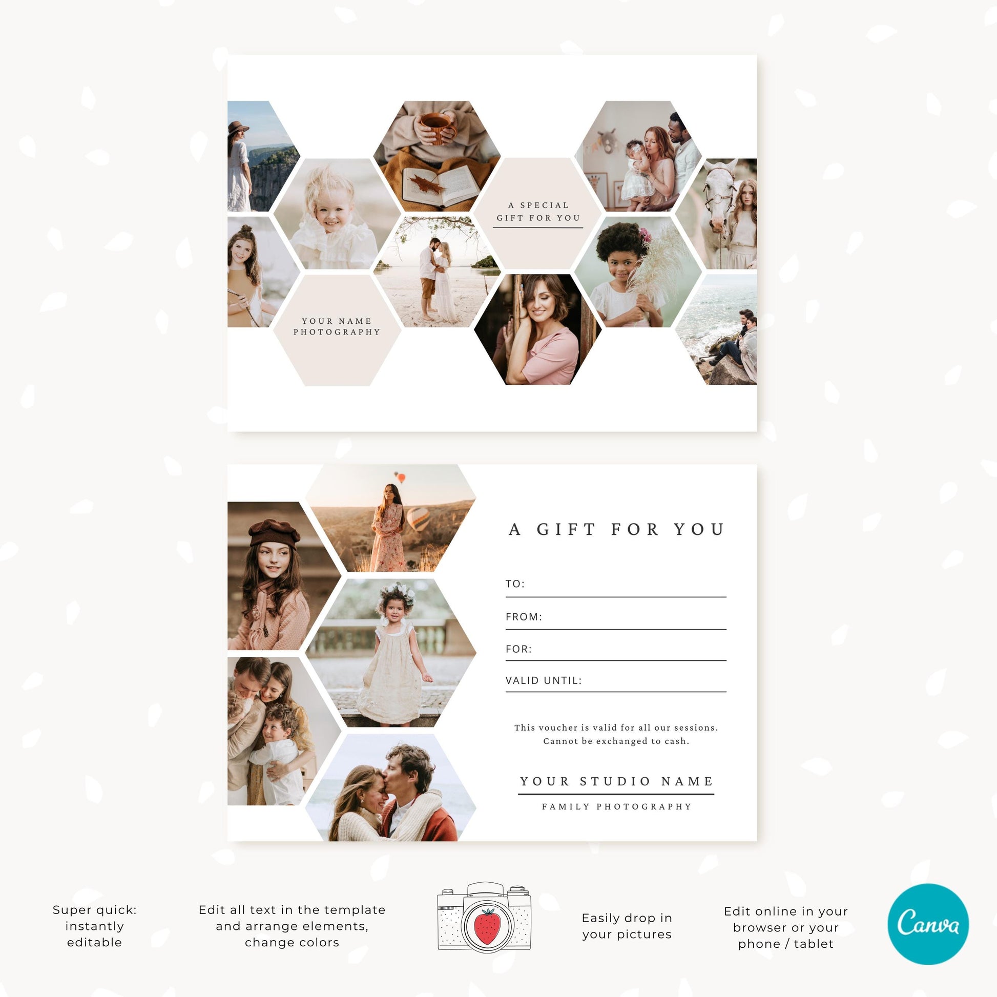 Printable photography voucher design with a stylish honeycomb layout, showcasing family portraits.