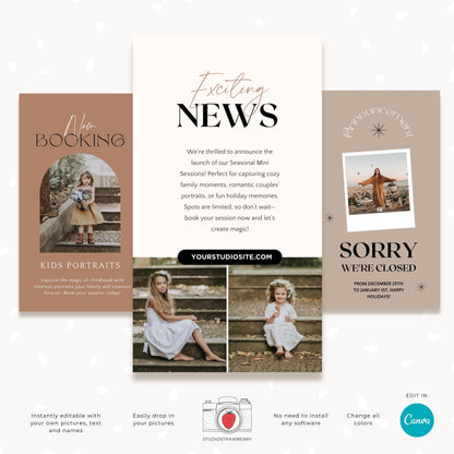 Social media templates for photographers, easy to edit in Canva for branding purposes.