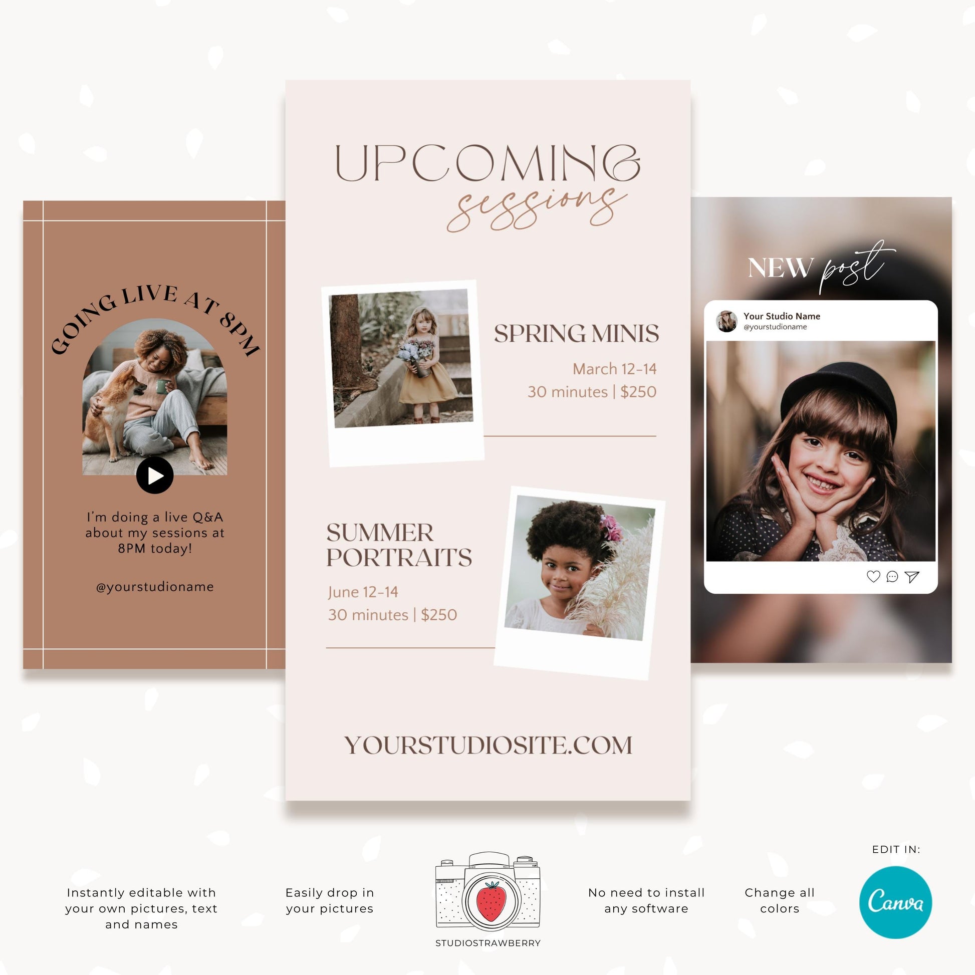 Customizable story templates for photo sessions, designed for Canva.
