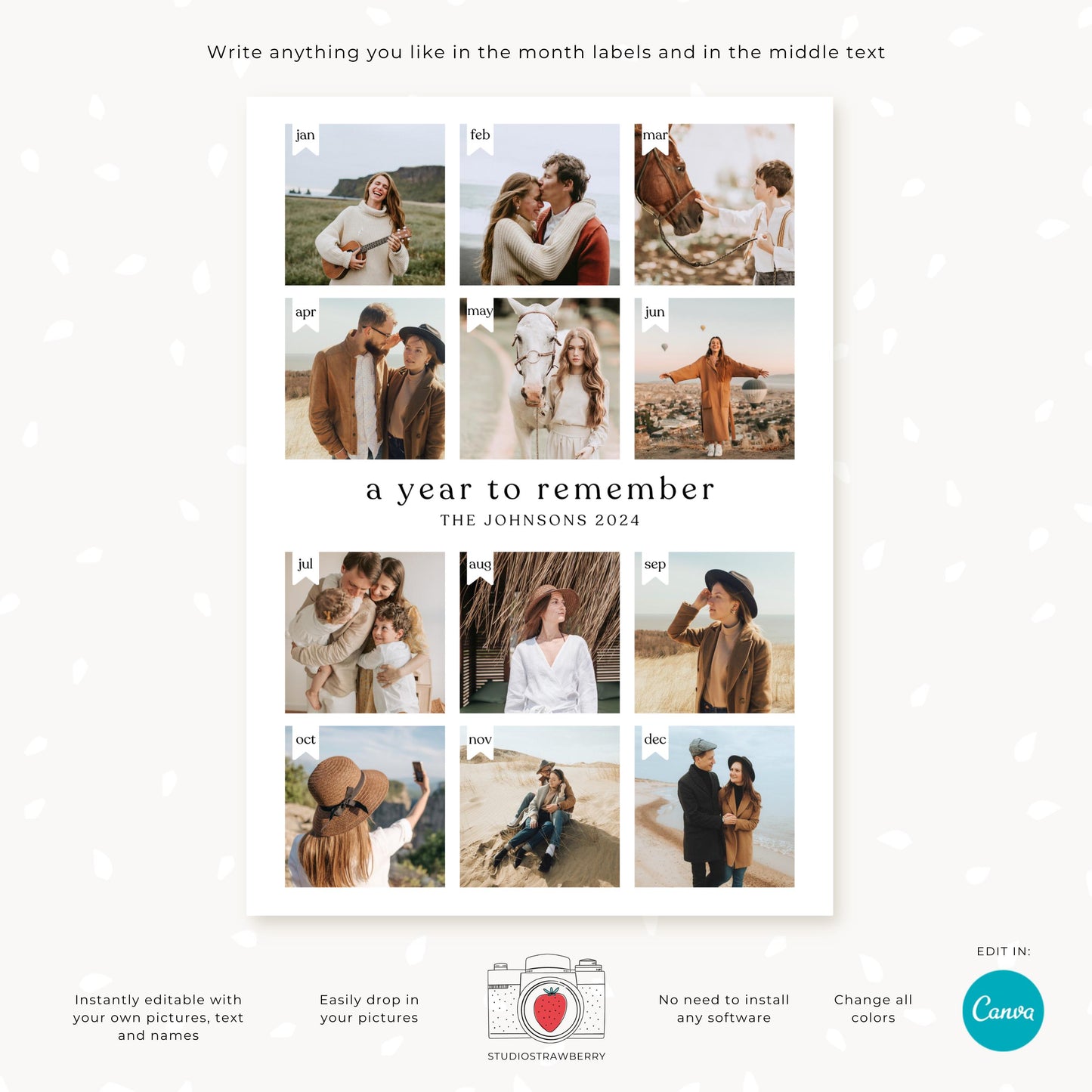 Backside layout of a year in review holiday card with customizable monthly facts and space for a large family photo.