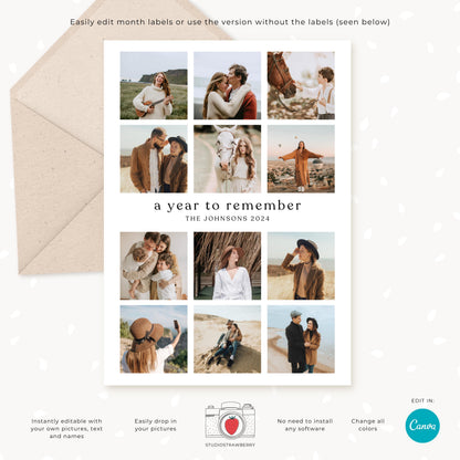 Modern holiday photo card with monthly labels and a clean, minimalist design, perfect for personalized family recaps.