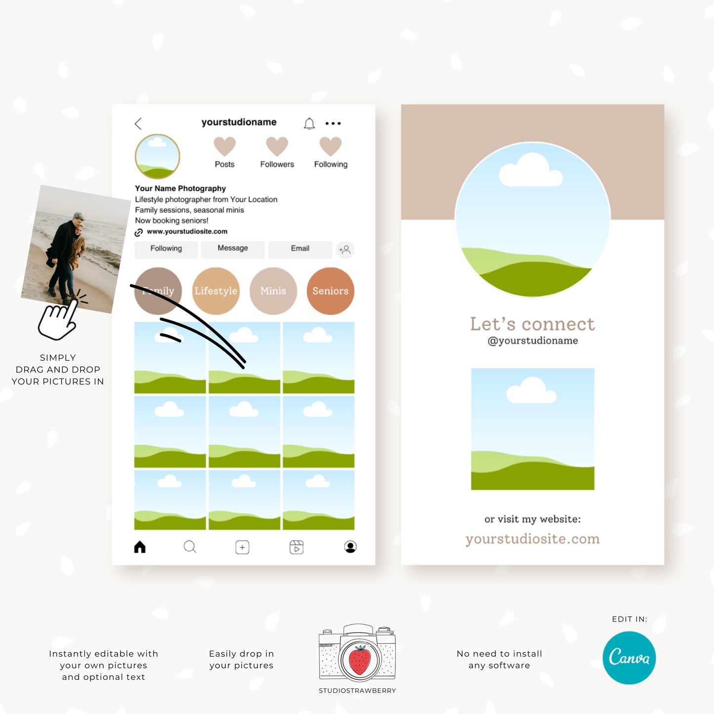 Editable vertical business card with a customizable QR code and profile picture for photographers.