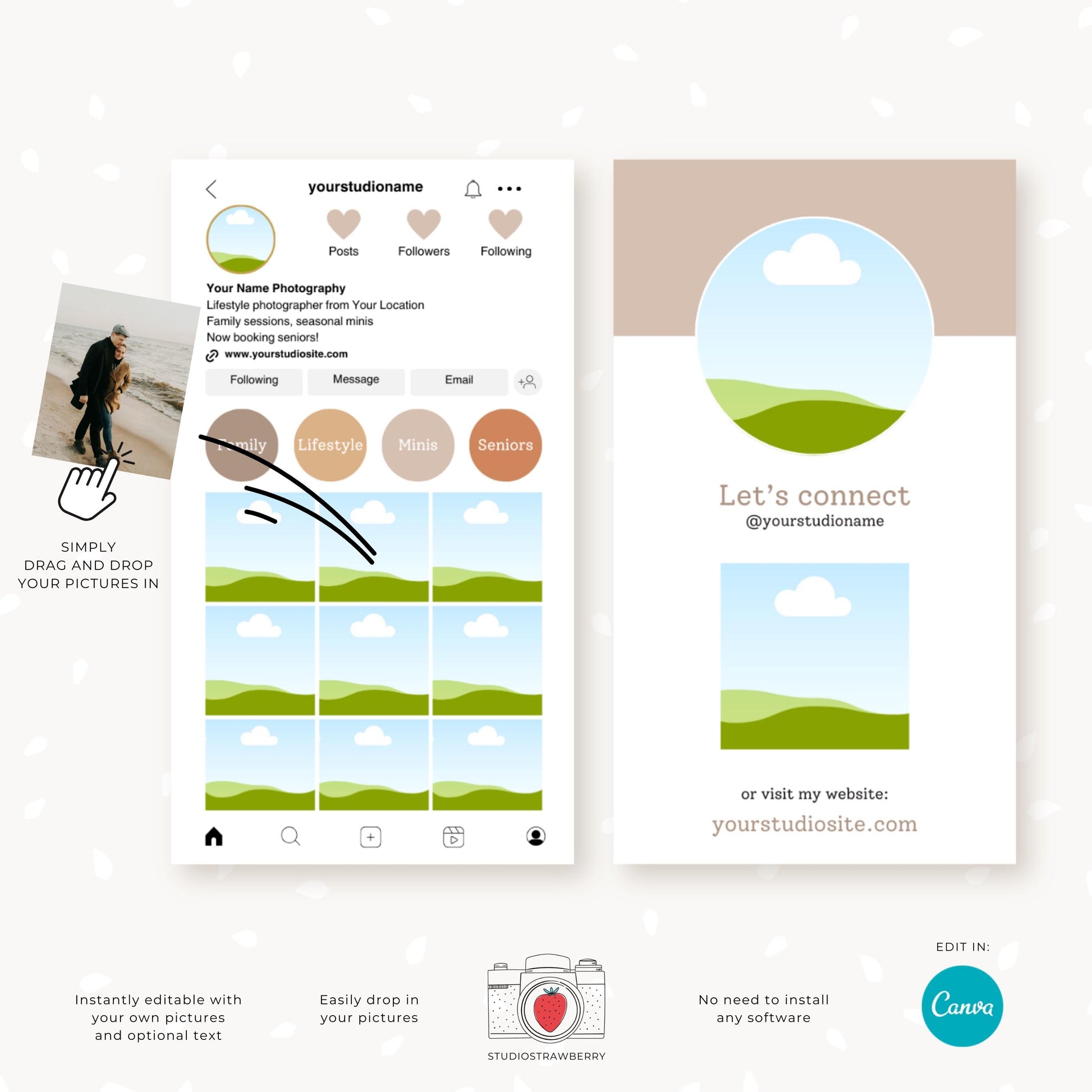 Editable vertical business card with a customizable QR code and profile picture for photographers.