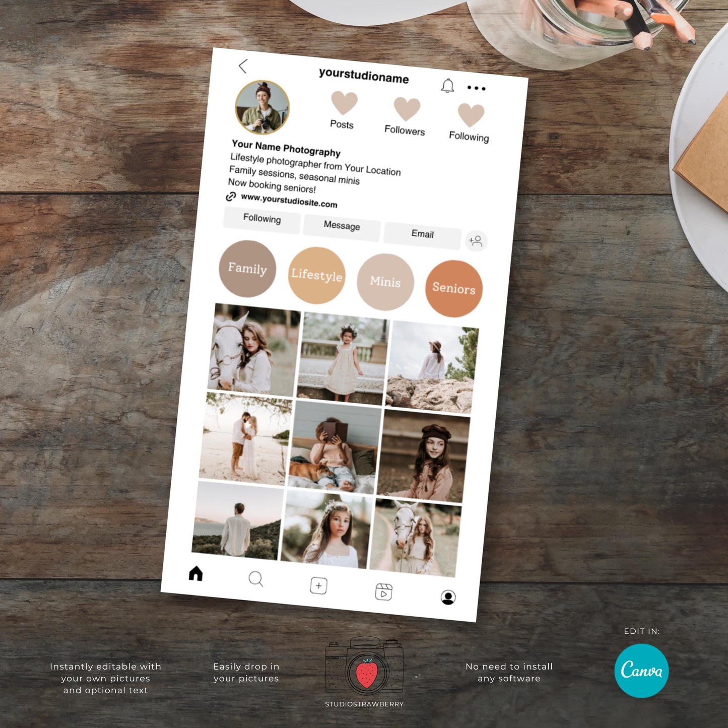 Photography branding business card with Instagram design and QR code placeholder.