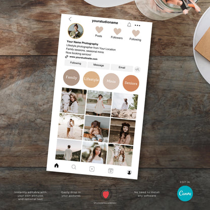 Photography branding business card with Instagram design and QR code placeholder.