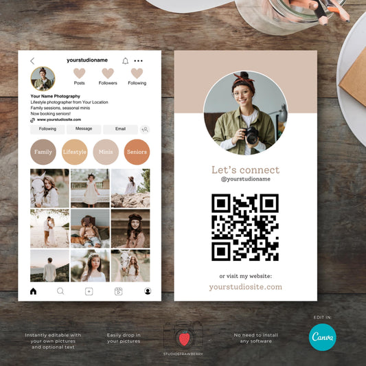 Vertical Instagram business card template for photographers with editable text and QR code.