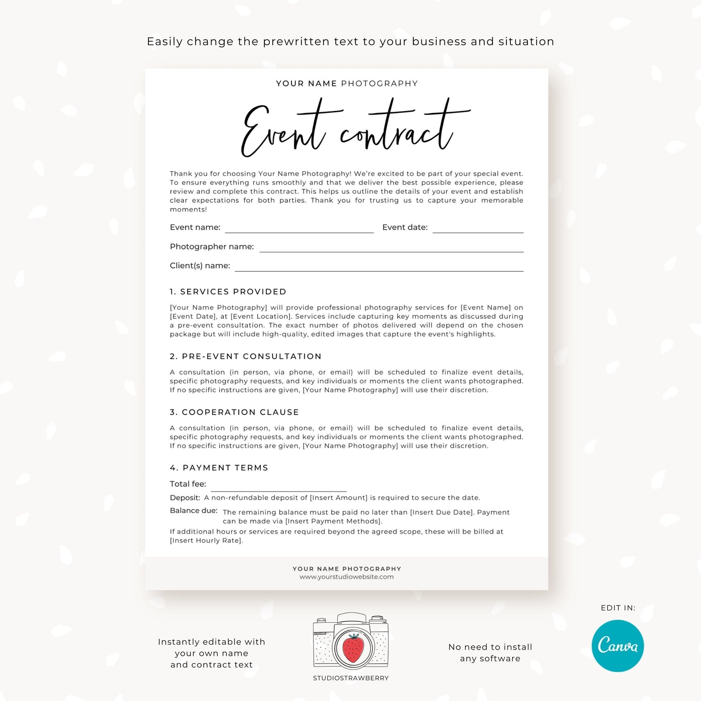 Customizable photographer event contract with editable terms, booking details, and signature section for clients