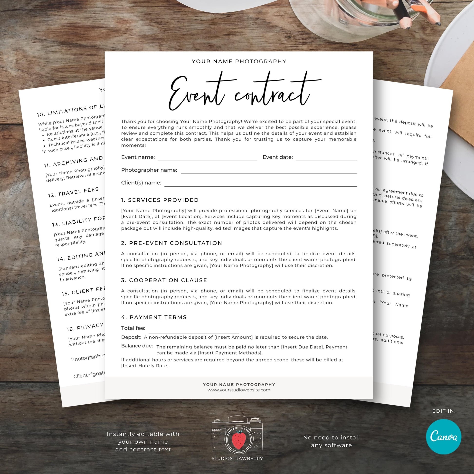 Photography event contract template preview showing editable fields for client information, event details, and terms of service