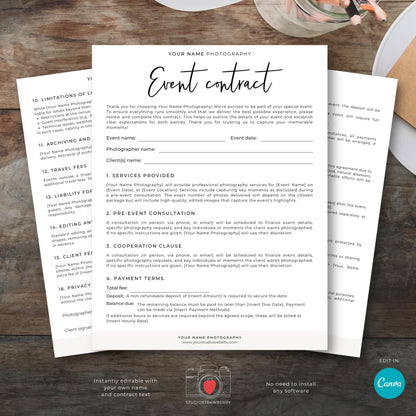 Photography event contract template preview showing editable fields for client information, event details, and terms of service