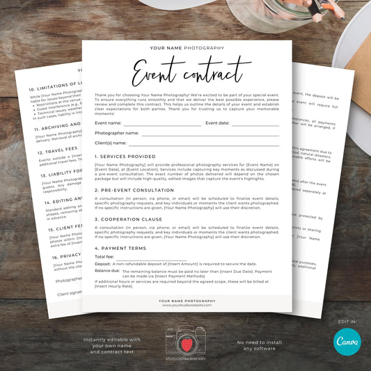 Photography event contract template preview showing editable fields for client information, event details, and terms of service