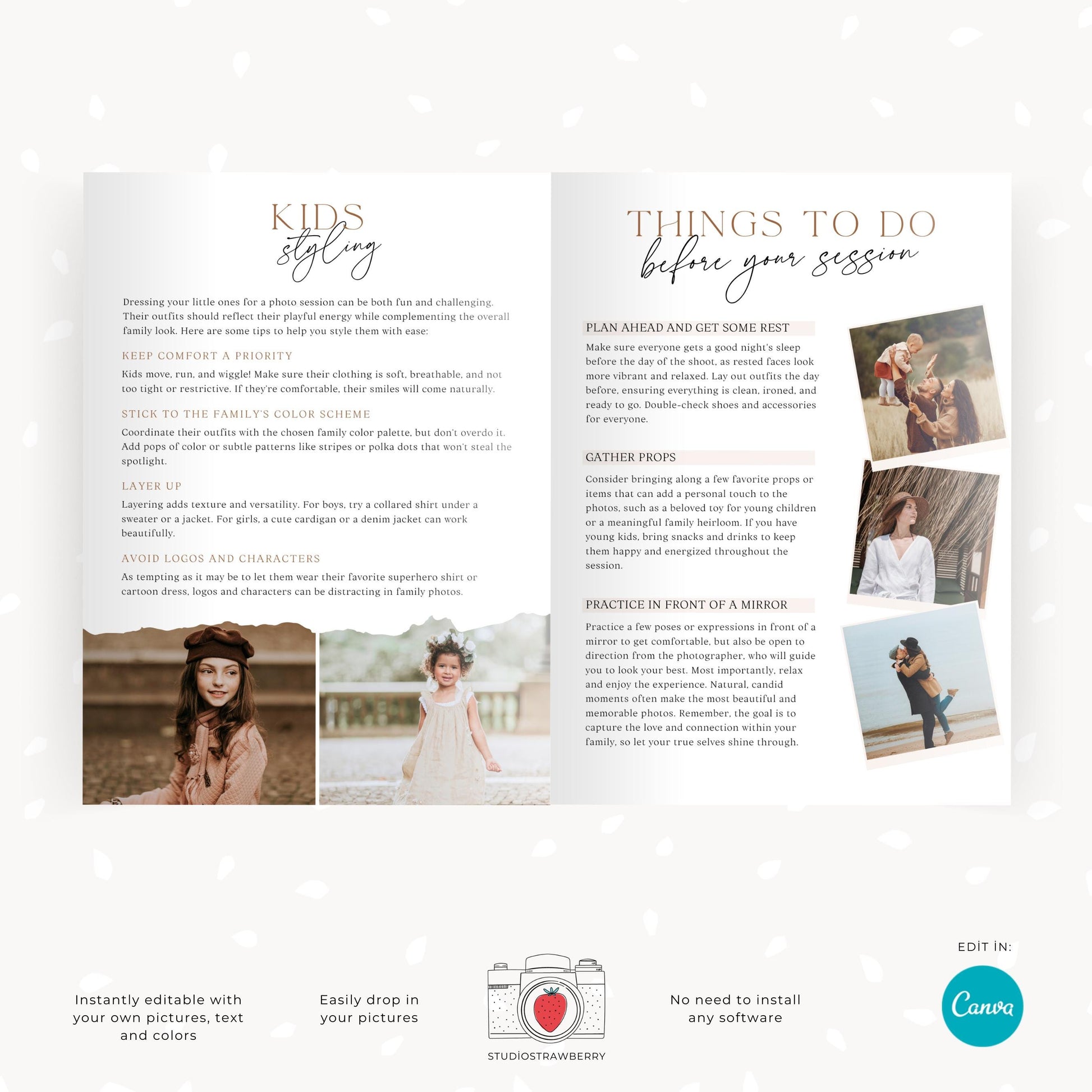 Photography style guide with family photo styling tips, fully editable and customizable.