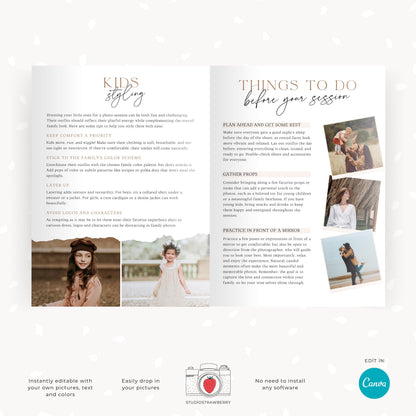 Photography style guide with family photo styling tips, fully editable and customizable.
