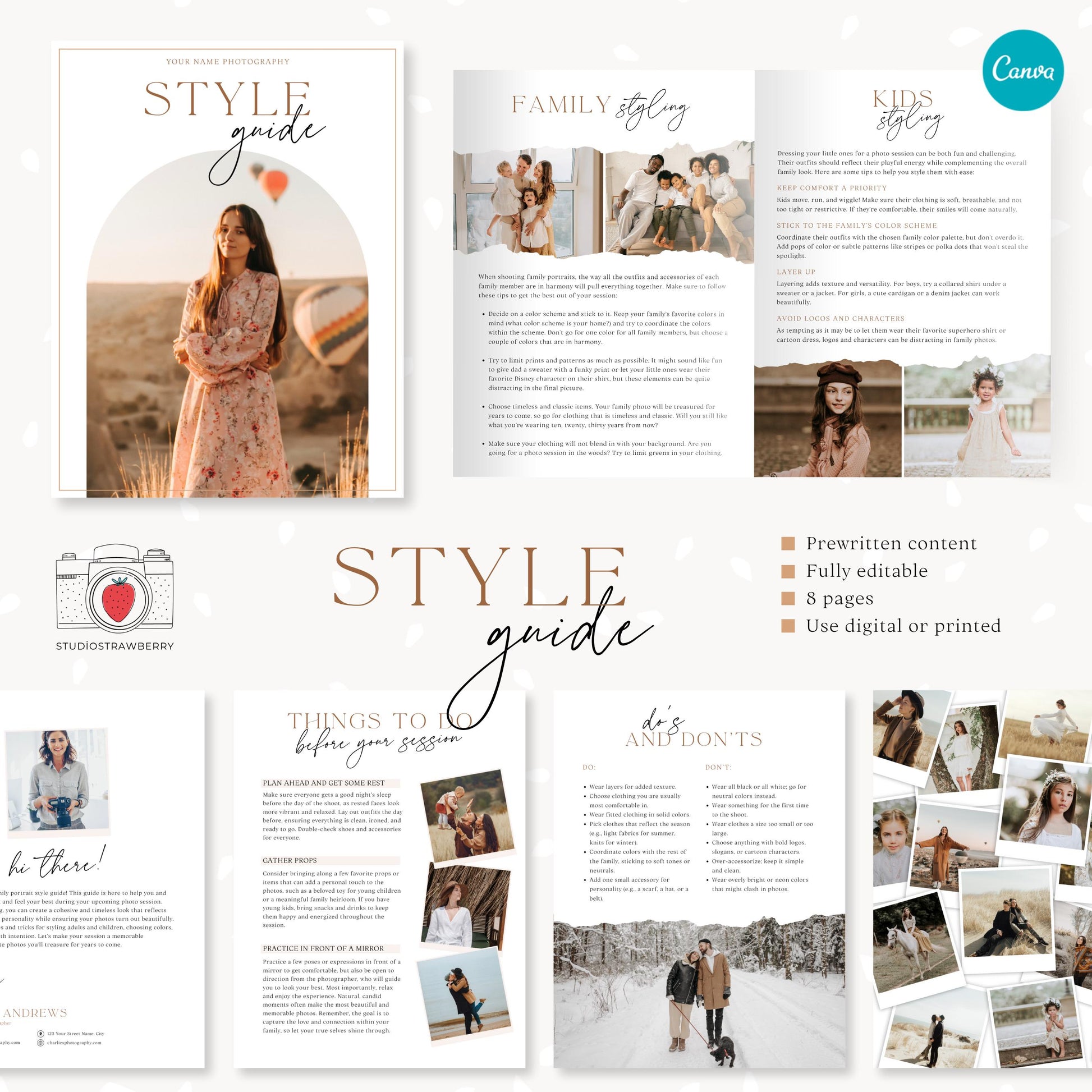Canva template for professional photographers featuring wardrobe tips and client prep guides.