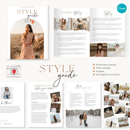 Canva template for professional photographers featuring wardrobe tips and client prep guides.