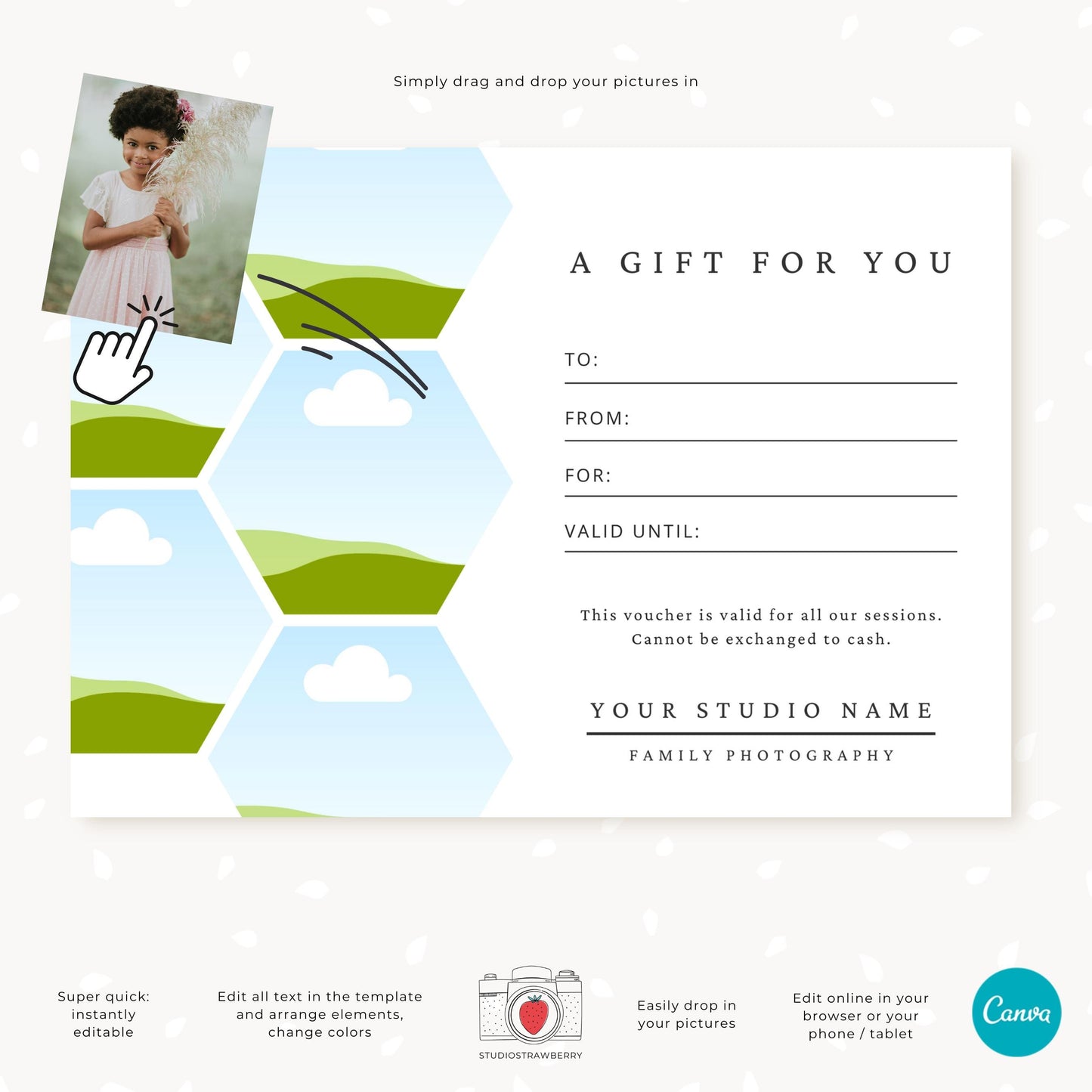 Editable Canva gift card template for photographers, featuring customizable photo placeholders and text fields.