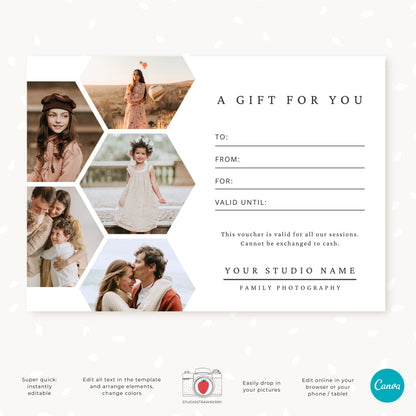 Photography voucher mockup featuring honeycomb photo placeholders and client details section.