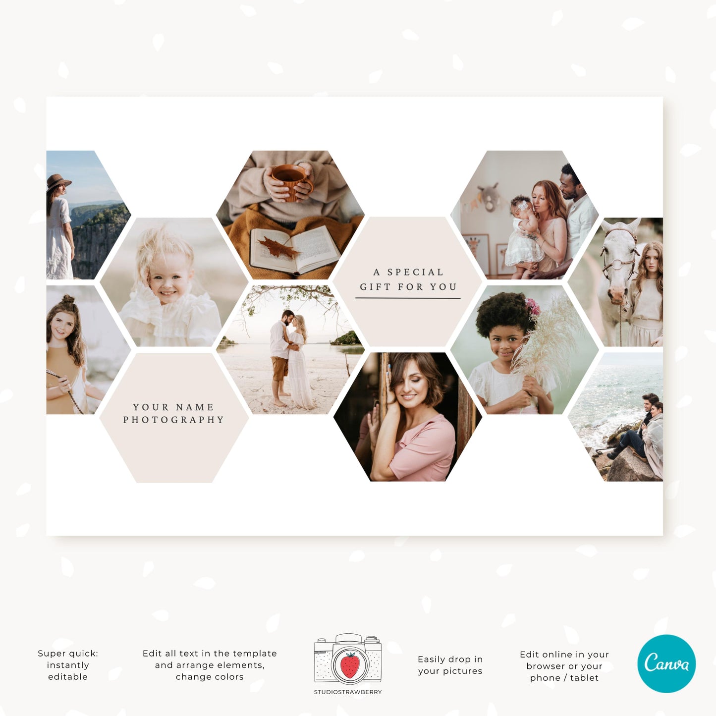 Double-sided photography gift certificate template with a clean honeycomb design for 7x5 cards.