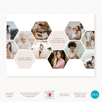 Double-sided photography gift certificate template with a clean honeycomb design for 7x5 cards.