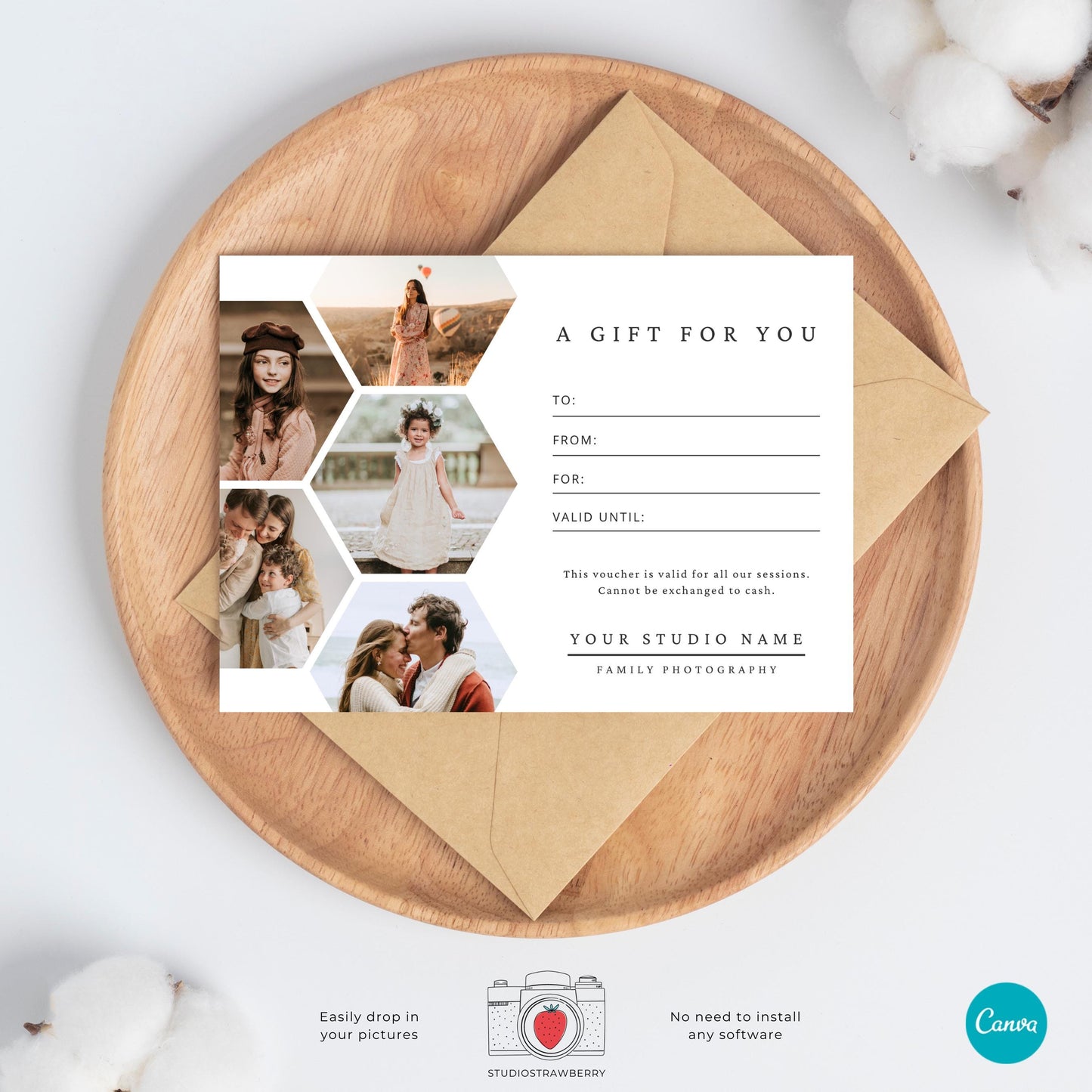 DIY printable photography gift voucher design with professional honeycomb styling.